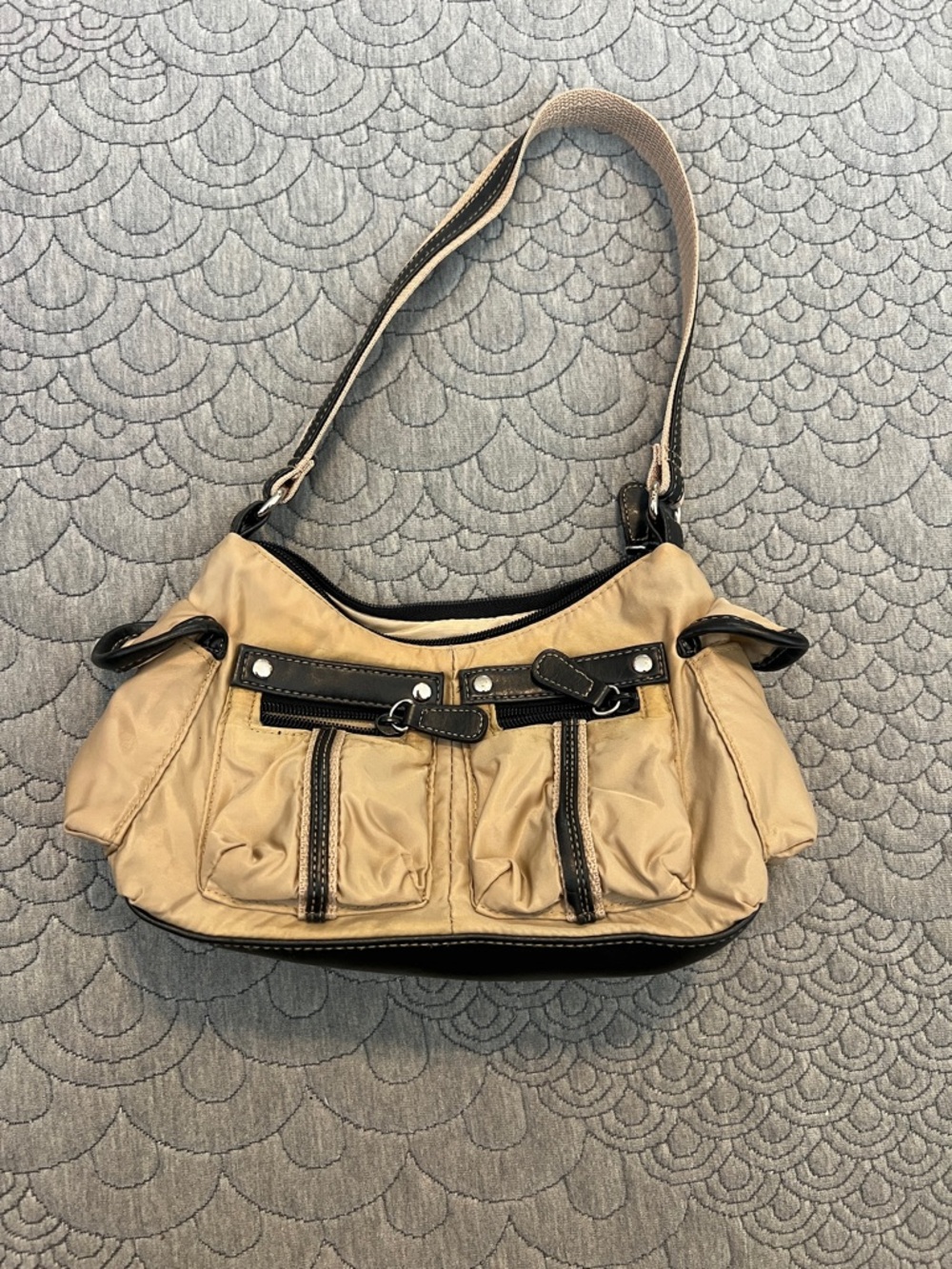 Beige Women's Shoulder Bag with Black Trim